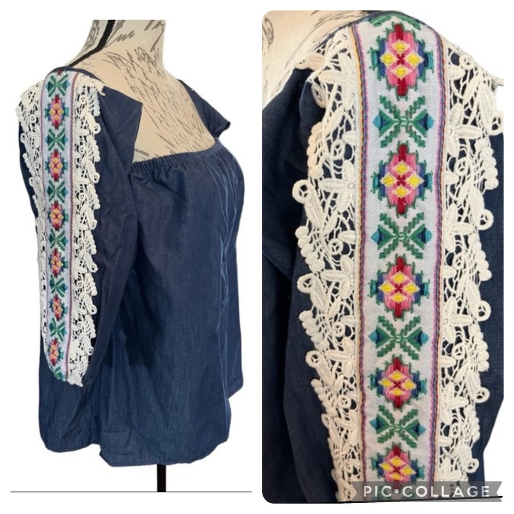 NWOT VaVa by Joy Han Blue Chambray Off Shoulder Embroidered Sleeve Blouse Large - Picture 1 of 16